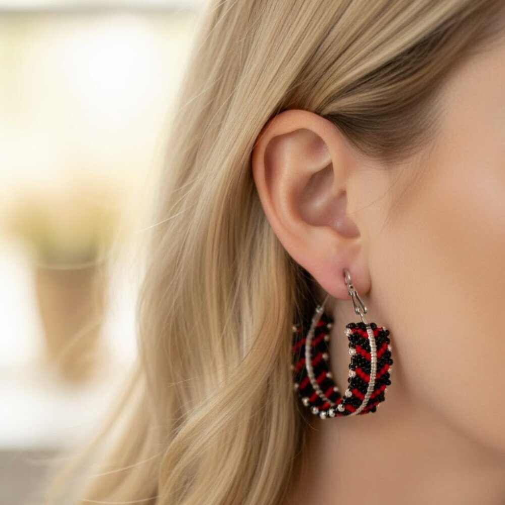 Unique Handmade Red, Black & Silver Beaded SS Hypoallergenic Hoop Earrings